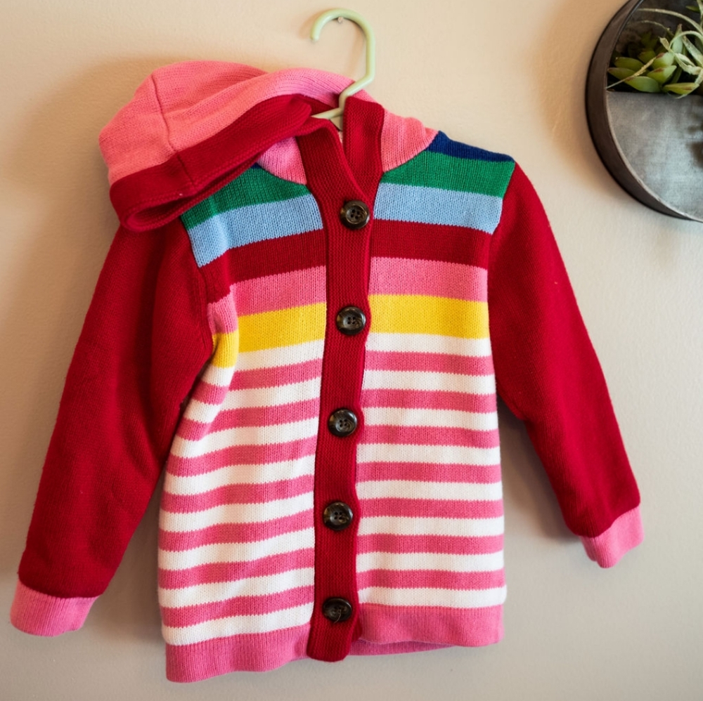 Hanna Andersson sherpa lined hooded sweater. Pink/red with colorful stripes